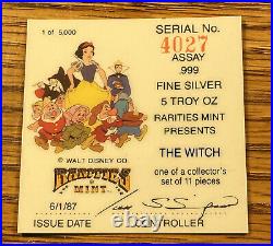 1987 Walt Disney 5 Oz..999 Silver 50th Ann Coin Evil Queen Snow White