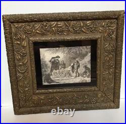 Antique framed print Snow White Prince dwarfs ornate gold frame