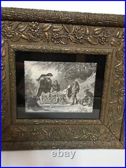 Antique framed print Snow White Prince dwarfs ornate gold frame
