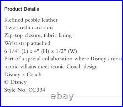 NWT Coach x Disney Corner Zip Wristlets Snow White Evil Queen and Cruella De Vil