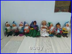 Old Rare Snow white, 7 Dwarfs and Evil Queen witch cloth felt Lenci dolls 60s